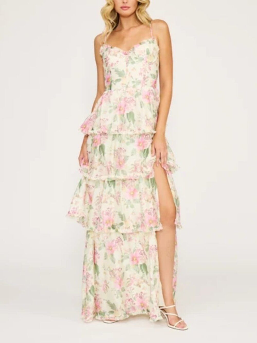 Lucy Paris Guinevere Floral Tiered Dress Ruffled Cream Pink Slit Resort Sz M NWT